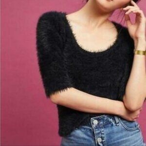 Monk & Lou Black  Eyelash Knit fuzzy soft sweater scoop or V neck 3/4 sleeve XS